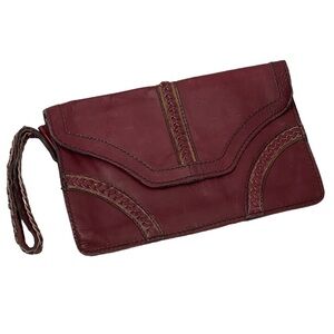 Vintage Western Genuine Leather Boho Wristlet Clutch Braided Burgundy Wine